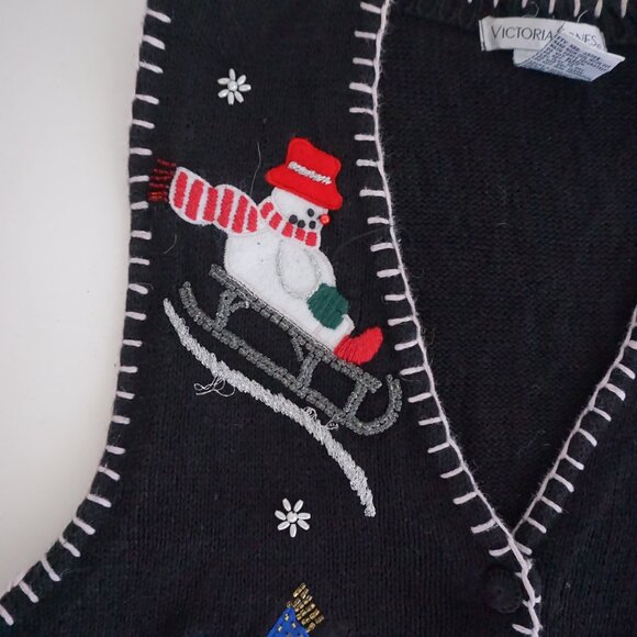 Vintage Victoria Jones Black Holiday Ski Snowman Vest Cotton Festive Grandpa L - Picture 9 of 10